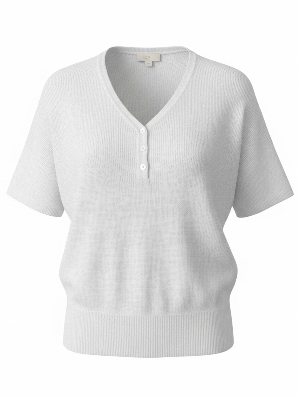 LOFT White Short-Sleeve V-Neck Button Knit Top